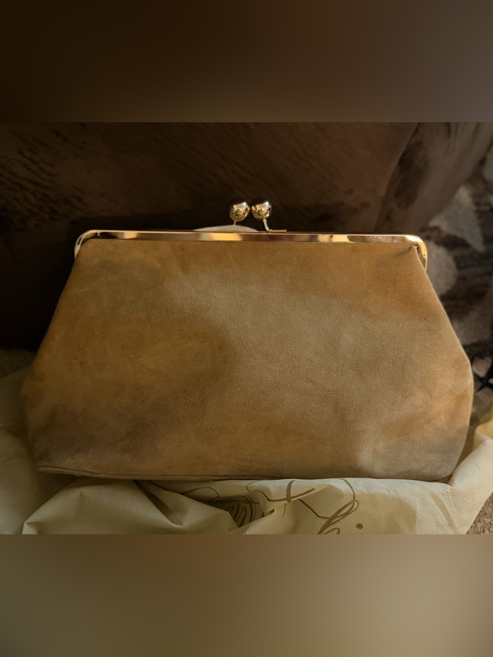 Tan Suede Frame Clutch with Gold-Tone Hardware